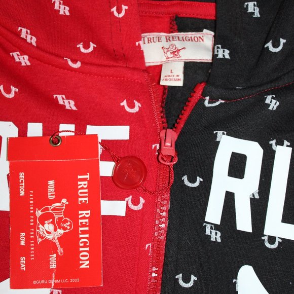 True Religion Zip Up Red White Black Logo Hoodie, Size Large (NWT) - Picture 6 of 6